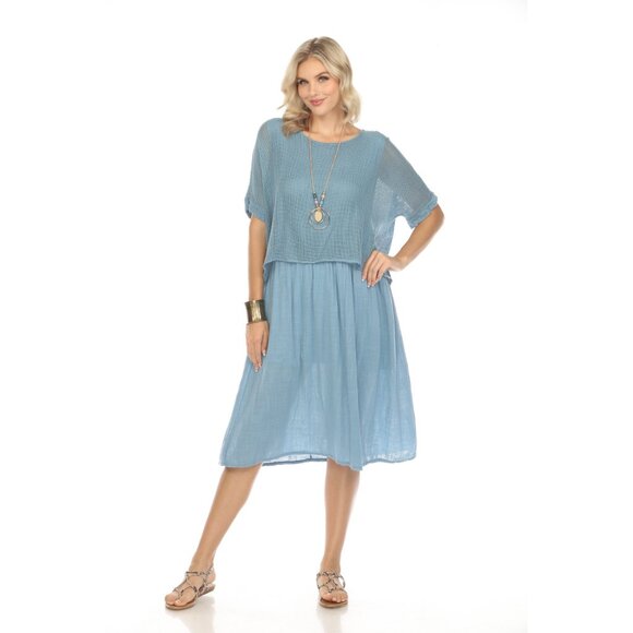 Denim Blue Cape style Dress with Netting Detail - Picture 2 of 4